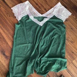 Green Tee with White Lace Sleeves